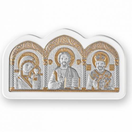 Tryptyk Ikona łukowa. Malowana twarz. Podstawa biała. Srebro 999. Złoto.