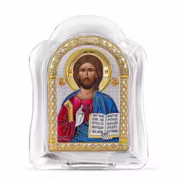 Chrystus Ikona łukowa ze Szkła Murano. Malowany kwadrant. Srebro 999. Złoto. Kolorowa.