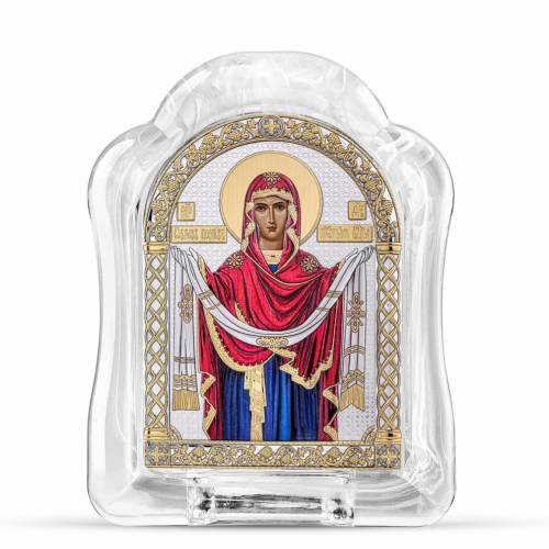 Matka Boża Pokrowa Ikona łukowa ze Szkła Murano. Malowany kwadrant. Srebro 999. Złoto. Kolorowa.