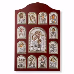 Sacra Famiglia Icona rettangolare. Quadrante dipinto. Base marrone. Argento 999. Oro.