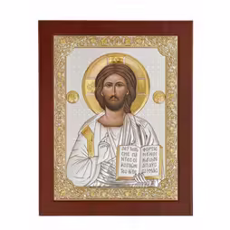 Cristo Icona rettangolare. Quadrante dipinto. Base marrone. Argento 999. Oro.