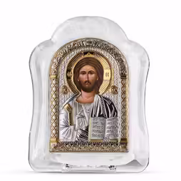 Chrystus Ikona łukowa ze Szkła Murano. Malowany kwadrant. Srebro 999. Złoto.