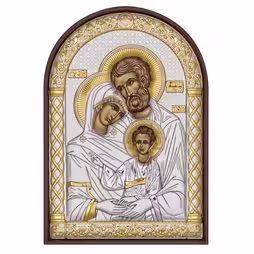 Holy Family Arch Icon. Painted face. Brown base. Silver 999. Gold.