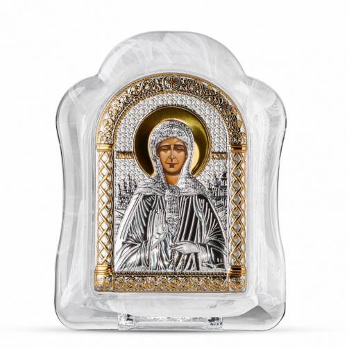 Święta Matrona Ikona łukowa ze Szkła Murano. Malowany kwadrant. Srebro 999. Złoto.