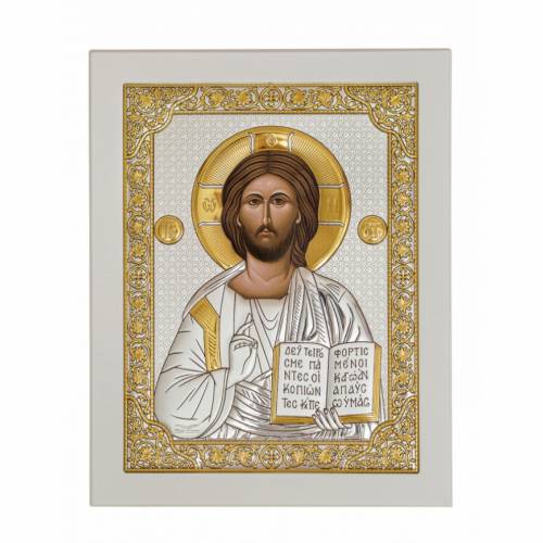 Chrystus Ikona prostokątna. Malowany kwadrant. Podstawa biała. Srebro 999. Złoto.