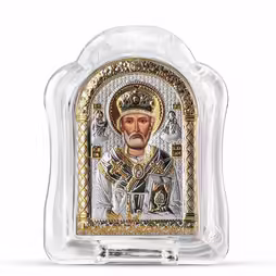 Święty Mikołaj Ikona łukowa ze Szkła Murano. Malowany kwadrant. Srebro 999. Złoto.