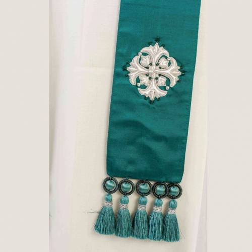 Green silk liturgical stole with silver cross