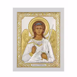 St. Angel Rectangular Icon. Painted face. White base. Silver 999. Gold.