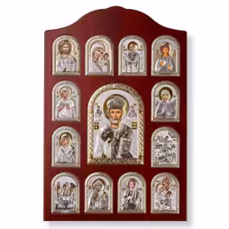 St. Nicholas Icona rettangolare. Quadrante dipinto. Base marrone. Argento 999. Oro.