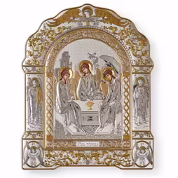 Trinità Icona ad arco con cornice. Volto dipinto. Argento 999. Oro.
