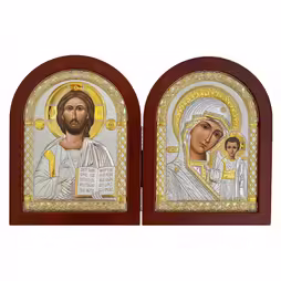 Składana Ikona łukowa (2 skrzydła). Malowana twarz. Podstawa brązowa. Srebro 999. Złoto.