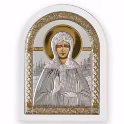 Święta Matrona Ikona łukowa. Malowana twarz. Podstawa biała. Srebro 999. Złoto.