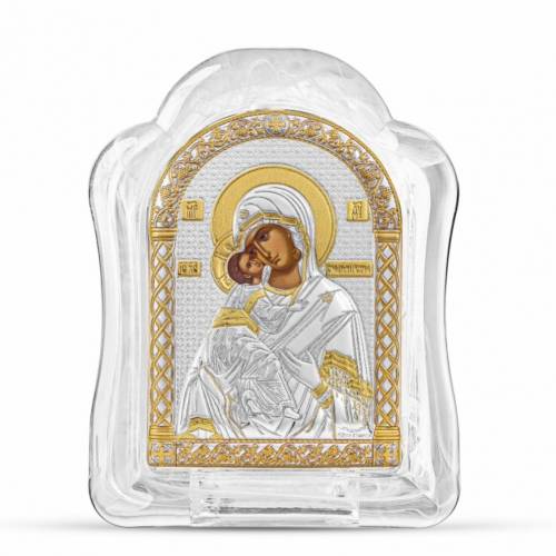Matka Boża Włodzimierska Ikona łukowa ze Szkła Murano. Malowany kwadrant. Srebro 999. Złoto.
