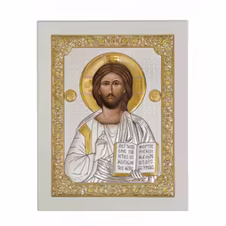 Chrystus Ikona prostokątna. Malowany kwadrant. Podstawa biała. Srebro 999. Złoto.