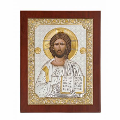Chrystus Ikona prostokątna. Malowany kwadrant. Podstawa brązowa. Srebro 999. Złoto.