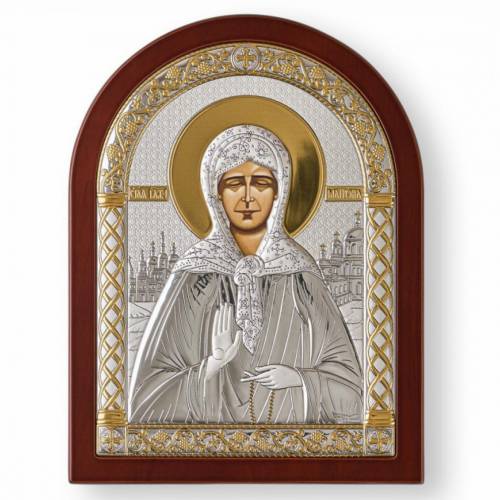 Święta Matrona Ikona łukowa. Malowana twarz. Podstawa brązowa. Srebro 999. Złoto.