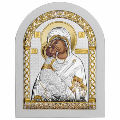 Matka Boża Włodzimierska Ikona łukowa. Malowana twarz. Podstawa biała. Srebro 999. Złoto.