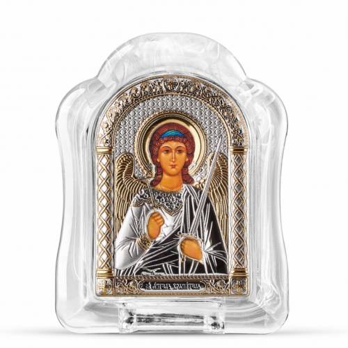 Święty Anioł Ikona łukowa ze Szkła Murano. Malowany kwadrant. Srebro 999. Złoto.