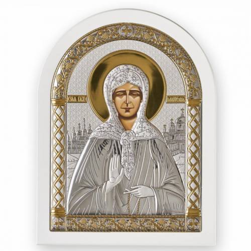 Święta Matrona Ikona łukowa. Malowana twarz. Podstawa biała. Srebro 999. Złoto.