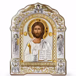 Chrystus Ikona łukowa z Ramką. Malowana twarz. Srebro 999. Złoto.