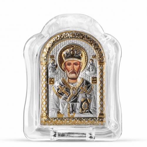 Święty Mikołaj Ikona łukowa ze Szkła Murano. Malowany kwadrant. Srebro 999. Złoto.