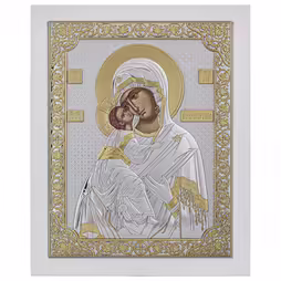 Virgin Mary Vladimir Rectangular Icon. Painted face. White base. Silver 999. Gold.
