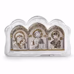 Triptych Rectangular icon Murano glass. Painted face. Silver 999. Gold.