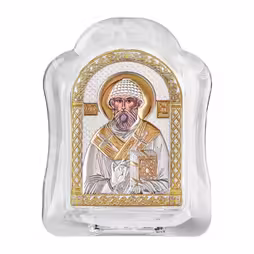 Święty Spirydon Ikona łukowa ze Szkła Murano. Malowany kwadrant. Srebro 999. Złoto.