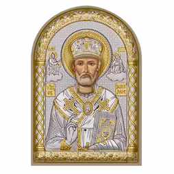 St. Nicholas Icona ad arco. Faccia dipinta. Base bianca. Argento 999. Oro.