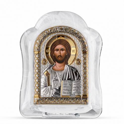 Chrystus Ikona łukowa ze Szkła Murano. Malowany kwadrant. Srebro 999. Złoto.