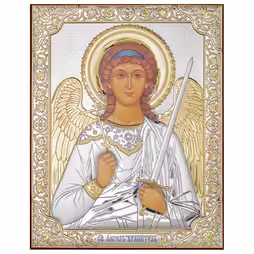 Sant'Angelo Icona rettangolare. Volto dipinto. Senza cornice. Argento 999. Oro.