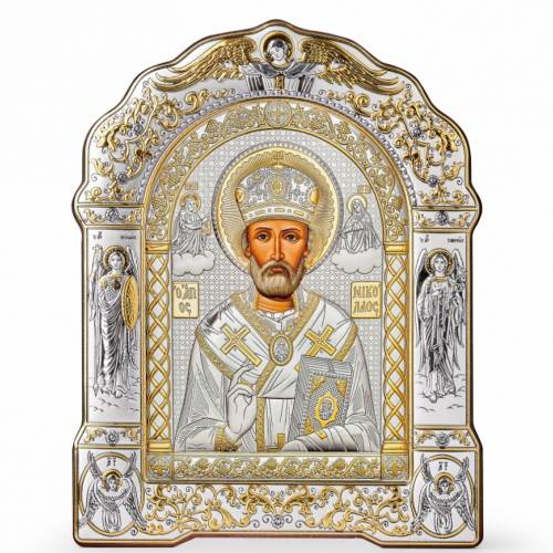San Nicola Icona ad arco con cornice. Volto dipinto. Argento 999. Oro.