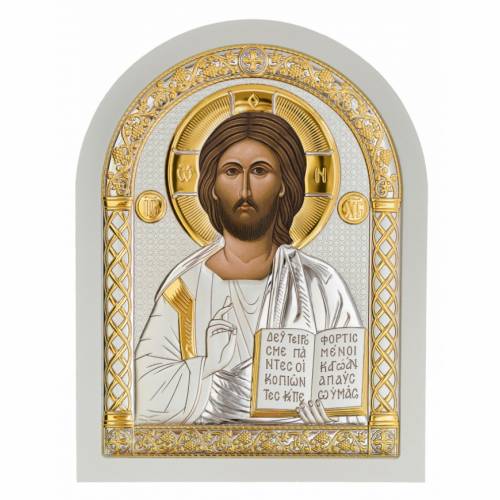 Chrystus Ikona łukowa. Malowana twarz. Podstawa biała. Srebro 999. Złoto.