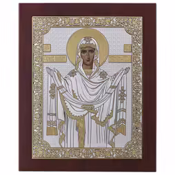 Virgin Mary Pokrova Rectangular Icon. Painted face. Brown base. Silver 999. Gold.