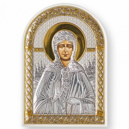 Santa Matrona Icona ad arco. Faccia dipinta. Base bianca. Argento 999. Oro.