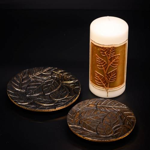 Coaster black/gold with leaves D 14 cm