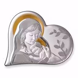 Virgin Mary and Child Catholic heart-shaped icon. Painted face. Silver 999. Gold