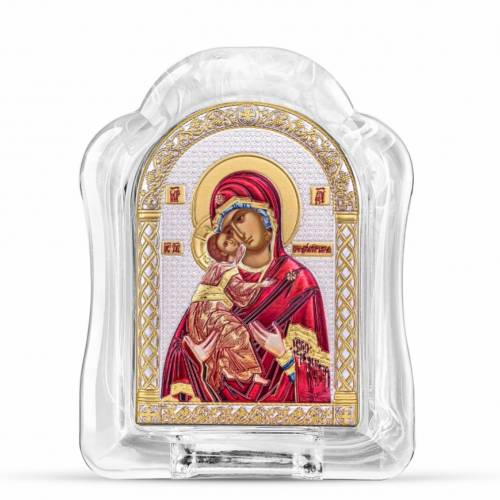 Matka Boża Włodzimierska Ikona łukowa ze Szkła Murano. Malowany kwadrant. Srebro 999. Złoto. Kolorowa.