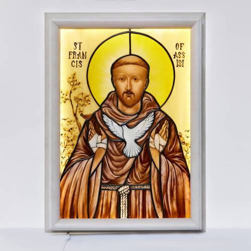 Stained glass icon of St Francis of assisi Illuminated 