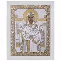 Virgin Mary Pokrova Rectangular Icon. Painted face. White base. Silver 999. Gold.