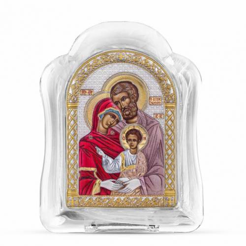Święta Rodzina Ikona łukowa ze Szkła Murano. Malowany kwadrant. Srebro 999. Złoto. Kolorowa.