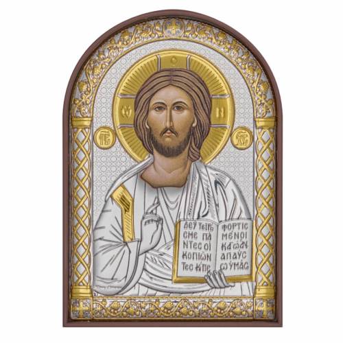 Chrystus Mała Ikona łukowa. Malowana twarz. Podstawa brązowa. Srebro 999. Złoto.
