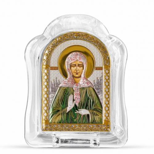 Święta Matrona Ikona łukowa ze Szkła Murano. Malowany kwadrant. Srebro 999. Złoto. Kolorowa.