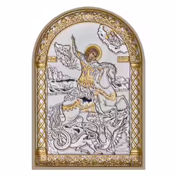 St. George Arch Icon. Painted face. White base. Silver 999. Gold.
