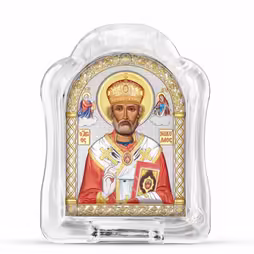 Święty Mikołaj Ikona łukowa ze Szkła Murano. Malowany kwadrant. Srebro 999. Złoto. Kolorowa.