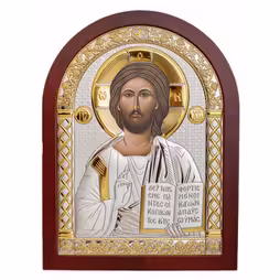 Chrystus Ikona łukowa. Malowana twarz. Podstawa brązowa. Srebro 999. Złoto.