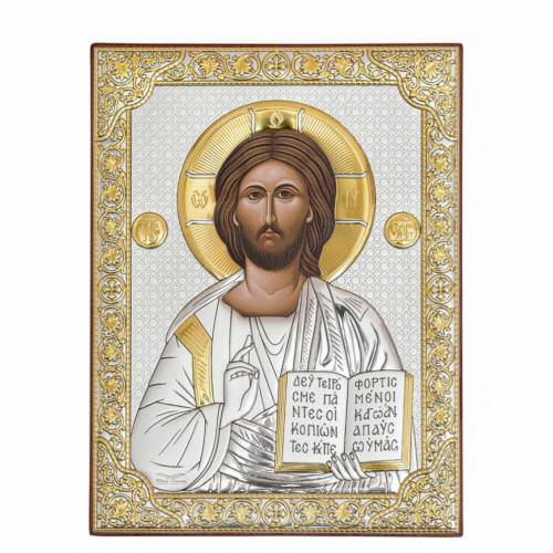Chrystus Ikona prostokątna. Malowana twarz. Bez ramki. Srebro 999. Złoto.
