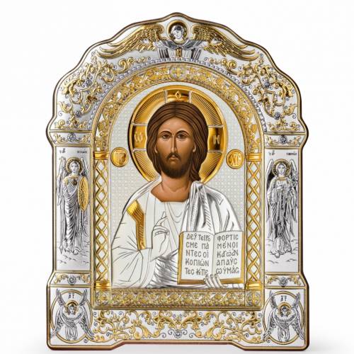 Chrystus Ikona łukowa z Ramką. Malowana twarz. Srebro 999. Złoto.