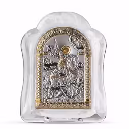 San Giorgio Icona ad arco in vetro di Murano. Quadrante dipinto. Argento 999. Oro.