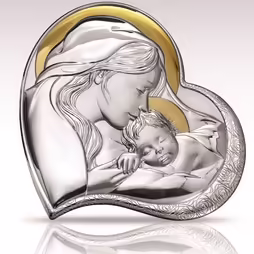 Ikona Sacra Madonna z Dzieciątkiem Serce Srebro Bilaminowane Złote Detale - 24x24 cm
